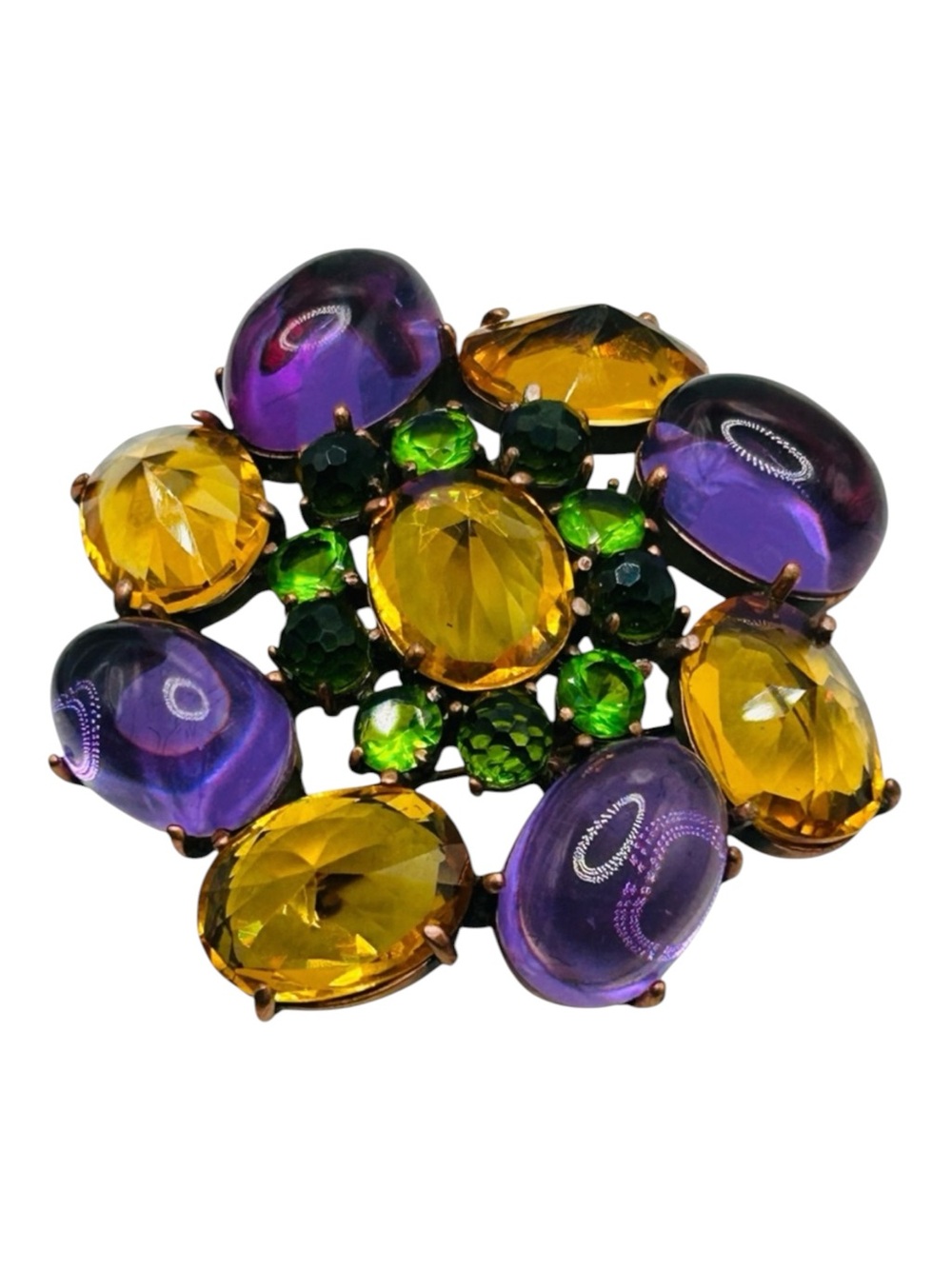 Joan Rivers Inverted Gold, Purple and Green Rhinestone Brooch